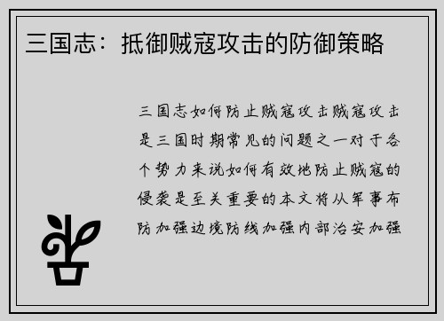 三国志：抵御贼寇攻击的防御策略